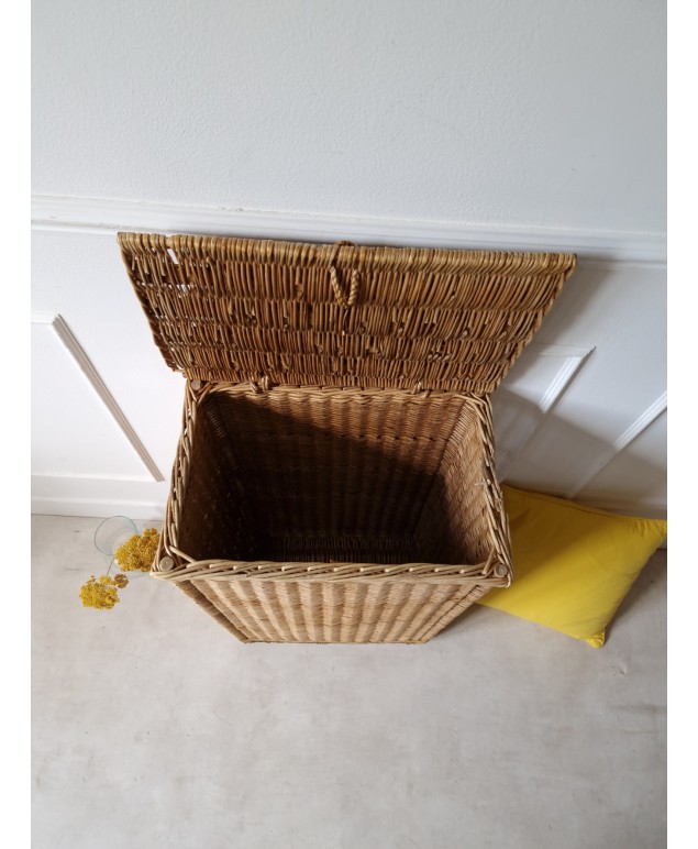 Panier à Linge Vintage En Osier Gris Français - Grand Format, Poignées, Occasion